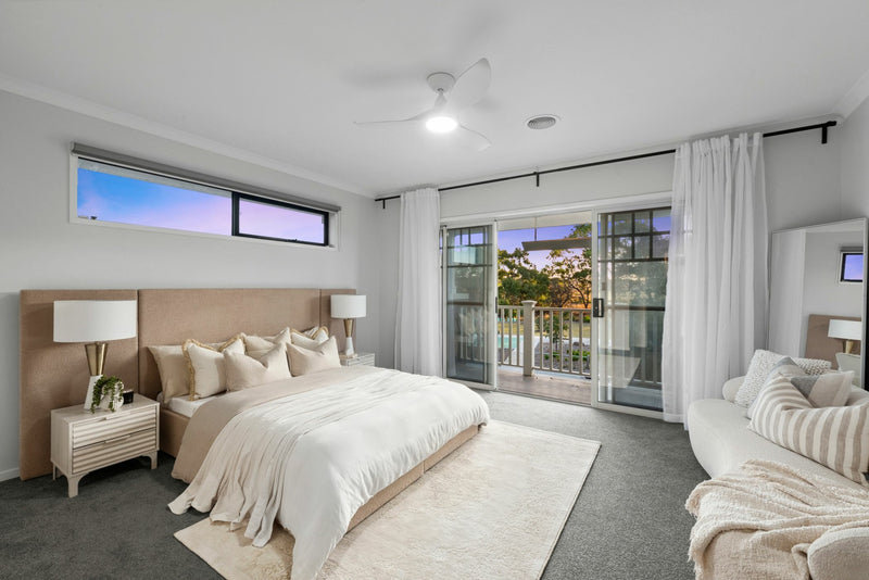 Professionally staged master bedroom at 94 Franklin Road, Mount Duneed VIC by Embestro Interiors, styled with neutral bedding and soft furnishings to enhance buyer appeal in the Geelong growth corridor