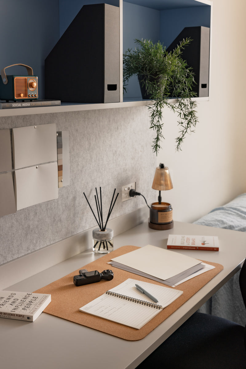 Desk setup with notebooks, pen, and small lamp in a room with a television and plant.